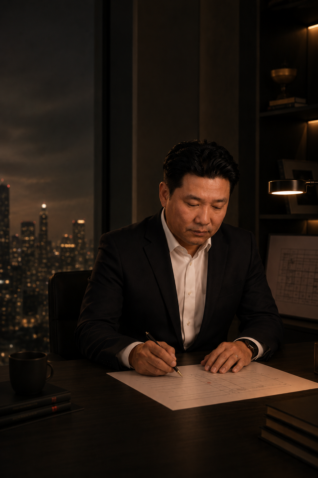 Jacob Chong at his desk reviewing a contract
