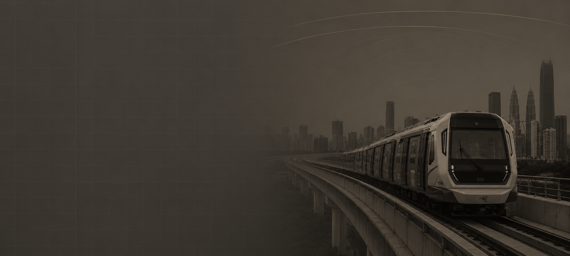 MRT Sungai Buloh–Kajang Line train approaching with KL skyline