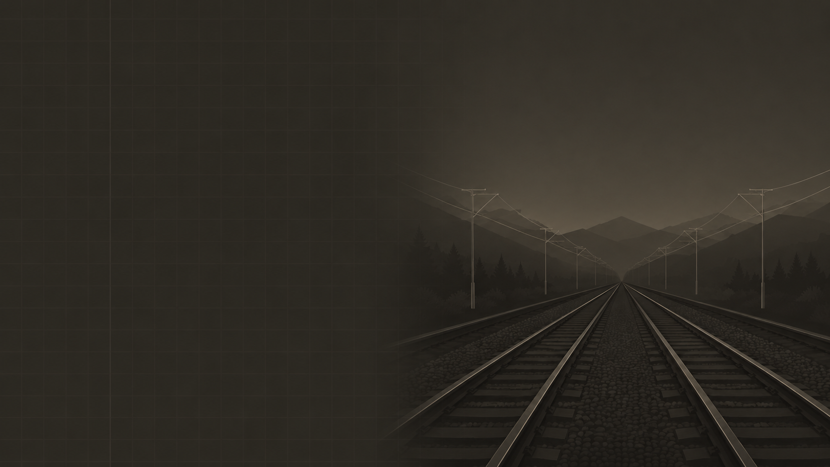 Double track rail corridor with overhead catenary and mountain horizon