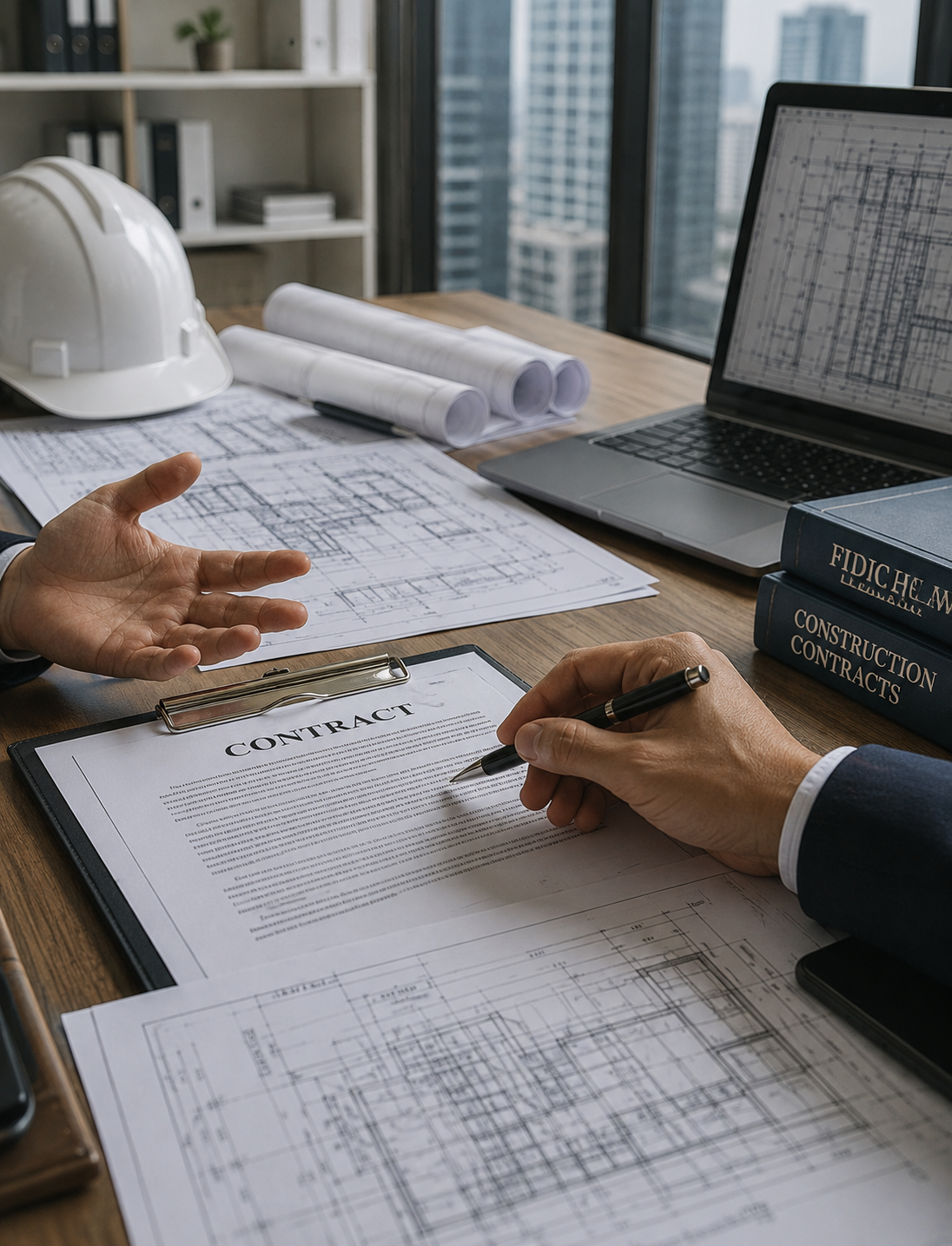 Contract review with blueprints, hard hat and FIDIC reference books