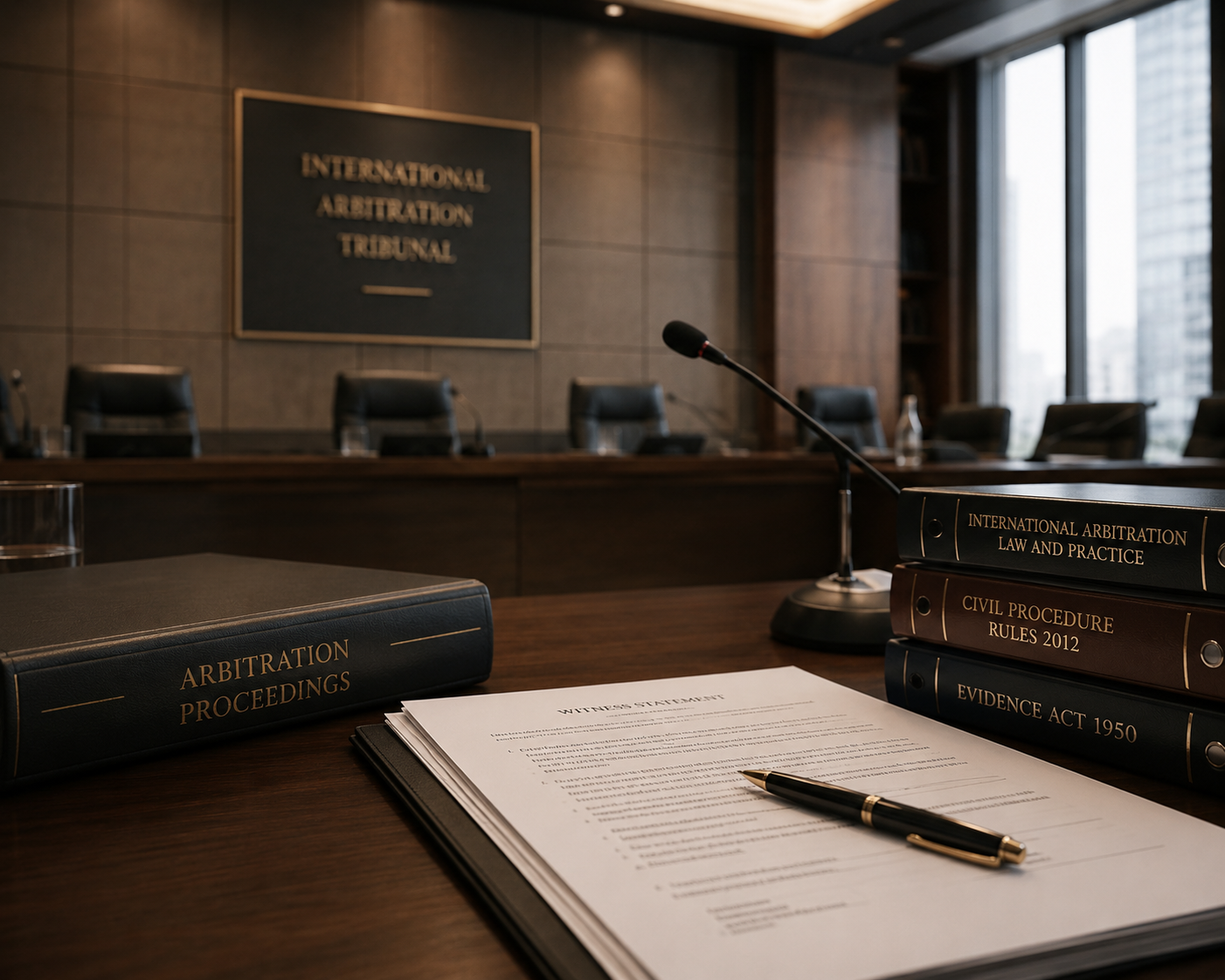 International arbitration tribunal chamber with witness statement and legal references
