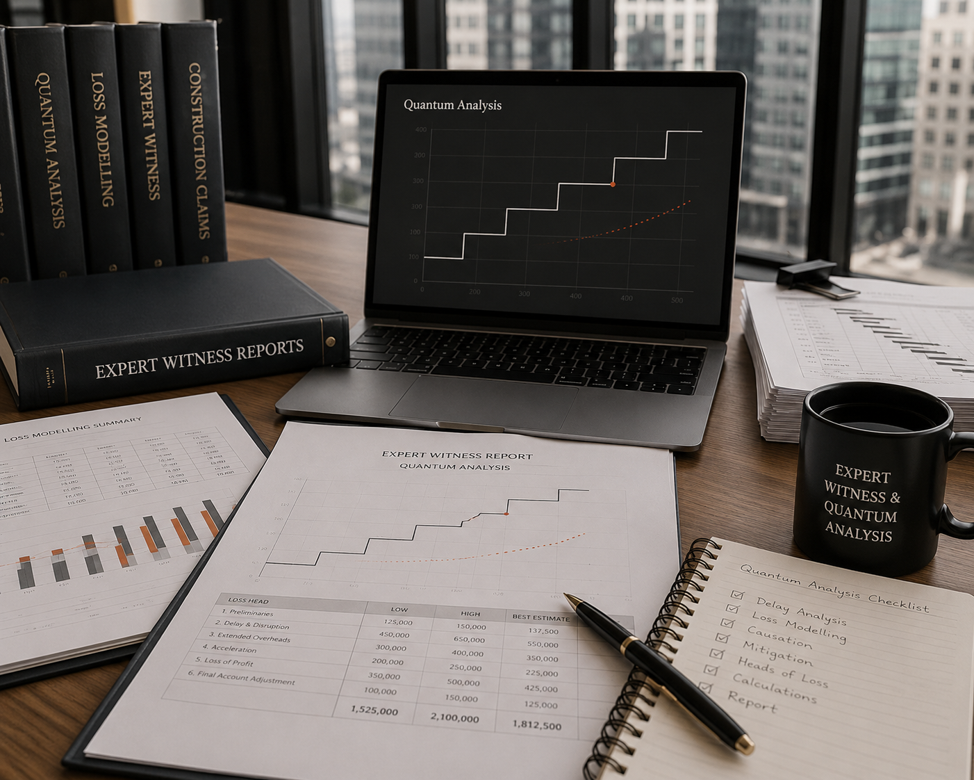 Expert witness desk with quantum analysis charts, loss modelling reports and reference volumes