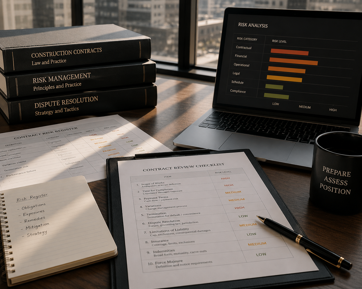 Contract review checklist with risk register, risk analysis chart and construction law reference volumes